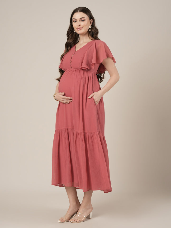 Peach Maternity & Nursing Midi Casual Dress with Sleeves