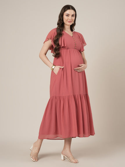 Peach Maternity & Nursing Midi Casual Dress with Sleeves