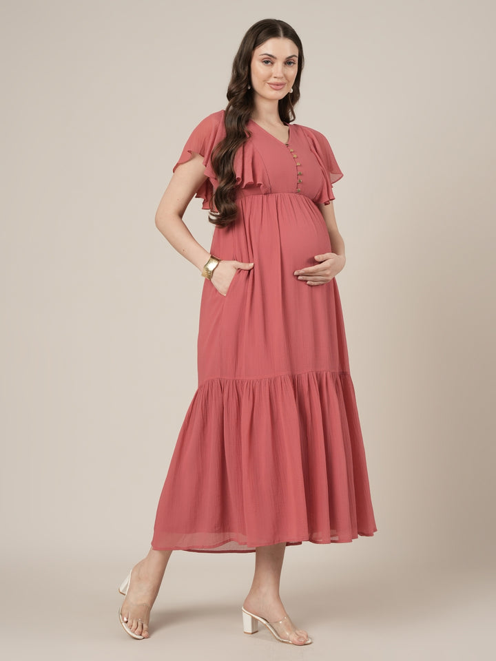Peach Maternity & Nursing Midi Casual Dress with Sleeves