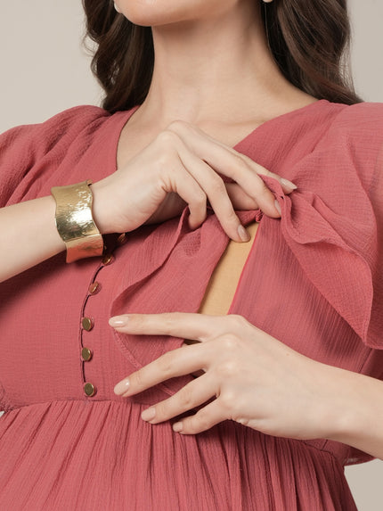 Peach Maternity & Nursing Midi Casual Dress with Sleeves