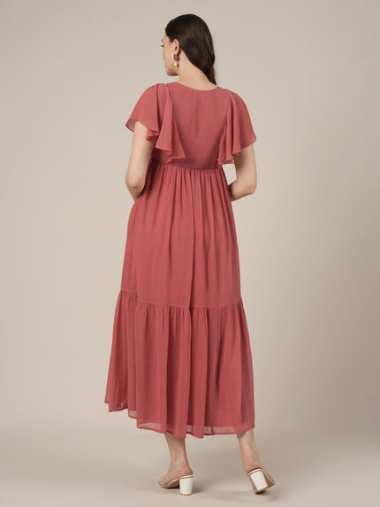 Peach Maternity & Nursing Midi Casual Dress with Sleeves