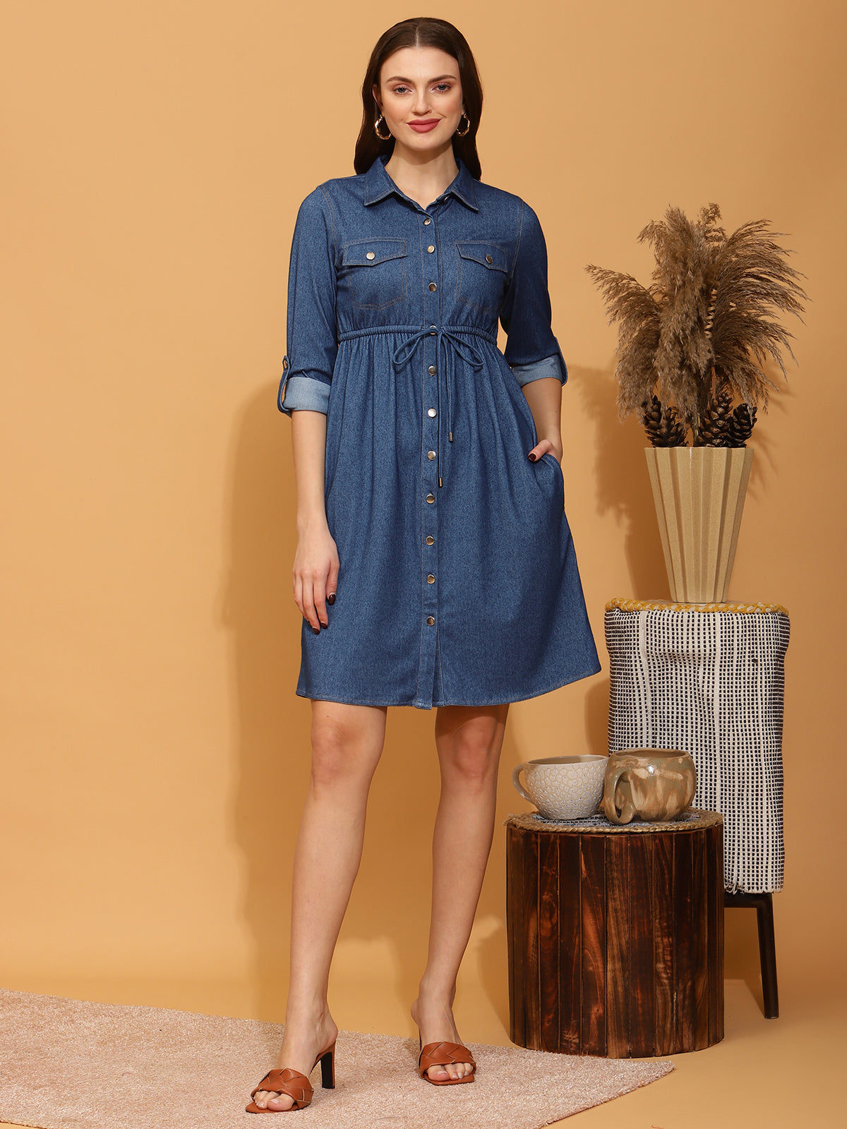Full Sleeves Denim Maternity Shirt Dress