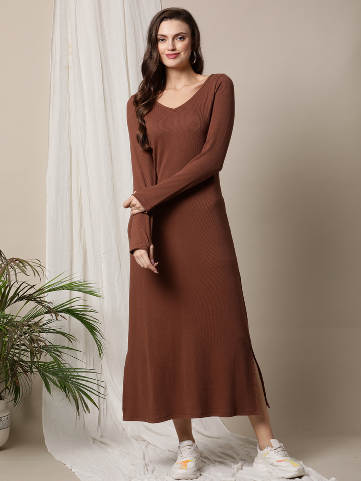 Maternity Ribbed Bodycon Maxi Dress- Brown