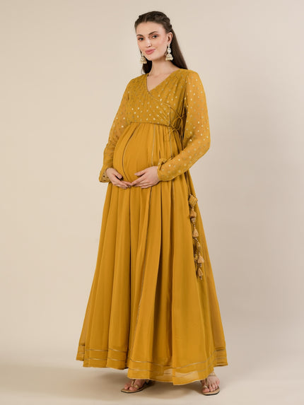 Mustard Foil Print Maternity & Nursing Anarkali Gown with Dupatta