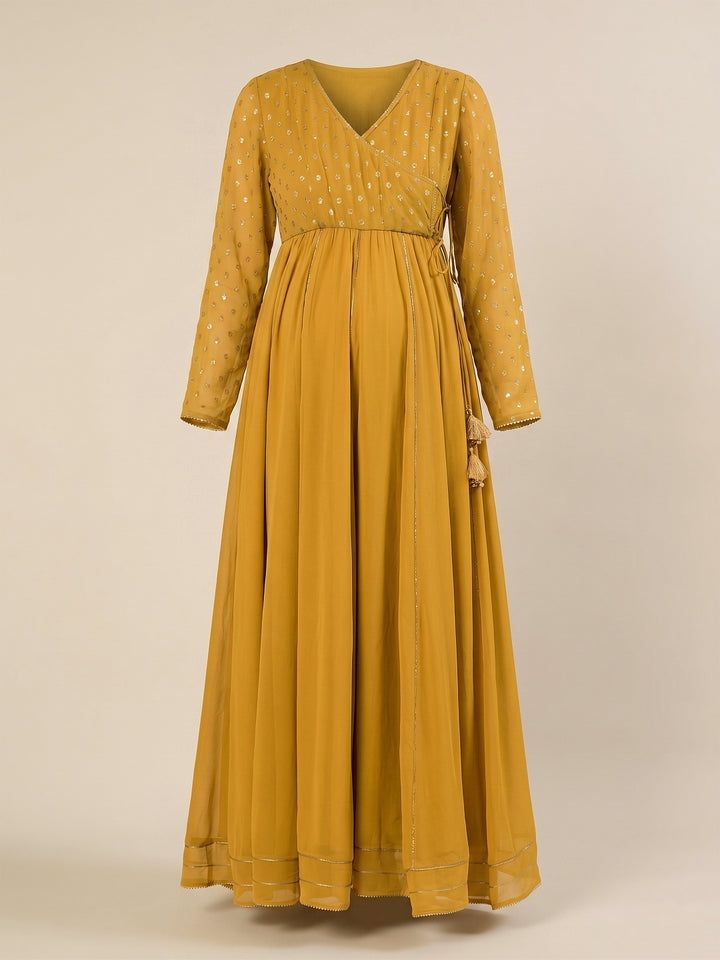 Mustard Foil Print Maternity & Nursing Anarkali Gown with Dupatta