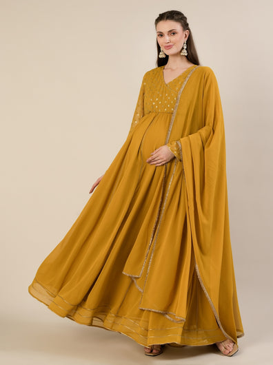 Mustard Foil Print Maternity & Nursing Anarkali Gown with Dupatta