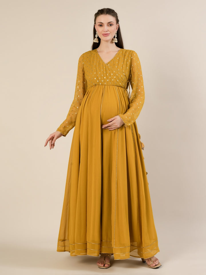 Mustard Foil Print Maternity & Nursing Anarkali Gown with Dupatta