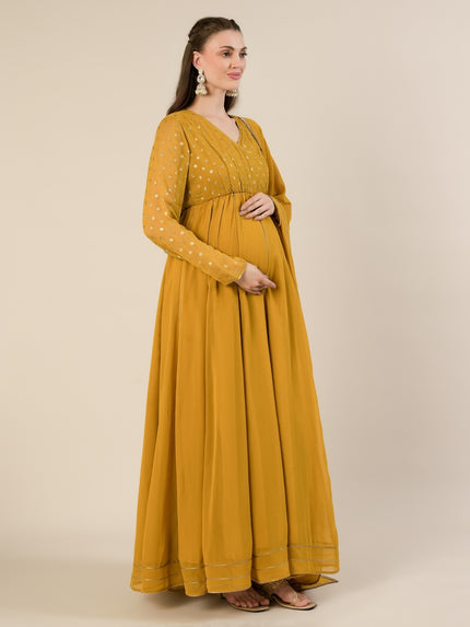 Mustard Foil Print Maternity & Nursing Anarkali Gown with Dupatta
