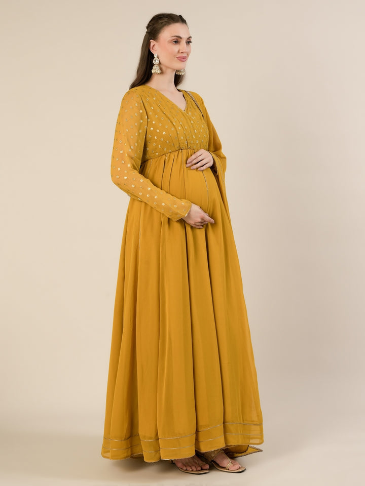 Mustard Foil Print Maternity & Nursing Anarkali Gown with Dupatta