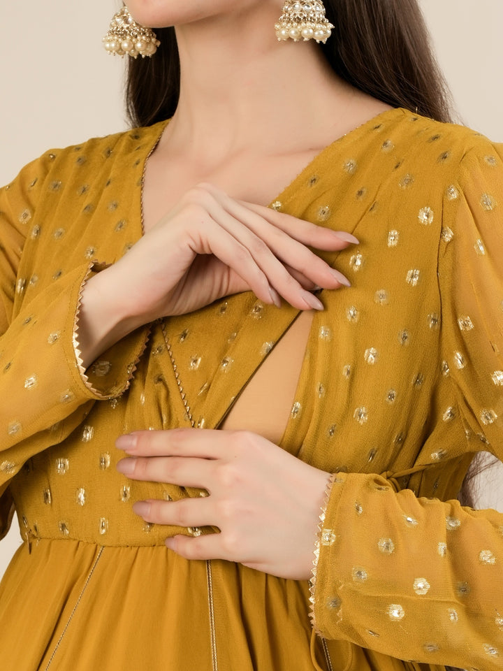 Mustard Foil Print Maternity & Nursing Anarkali Gown with Dupatta