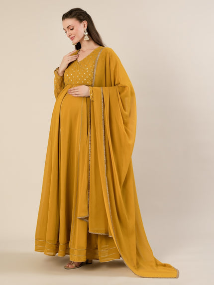 Mustard Foil Print Maternity & Nursing Anarkali Gown with Dupatta