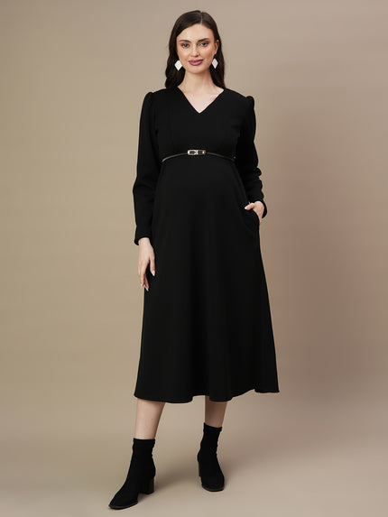 Buy Fleece Maternity Winter Dress with Belt - Black Buy Fleece Maternity Winter Dress with Belt - Black