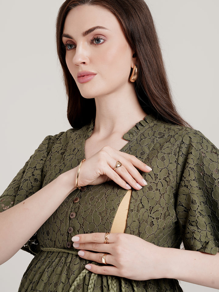 Floral Lace Green Maternity Dress