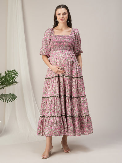 Maternity & Nursing Pink Floral Lace Smocked Maxi Dress
