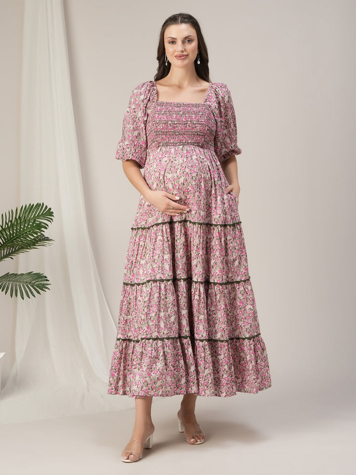 Maternity & Nursing Pink Floral Lace Smocked Maxi Dress