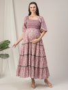 Maternity & Nursing Pink Floral Lace Smocked Maxi Dress