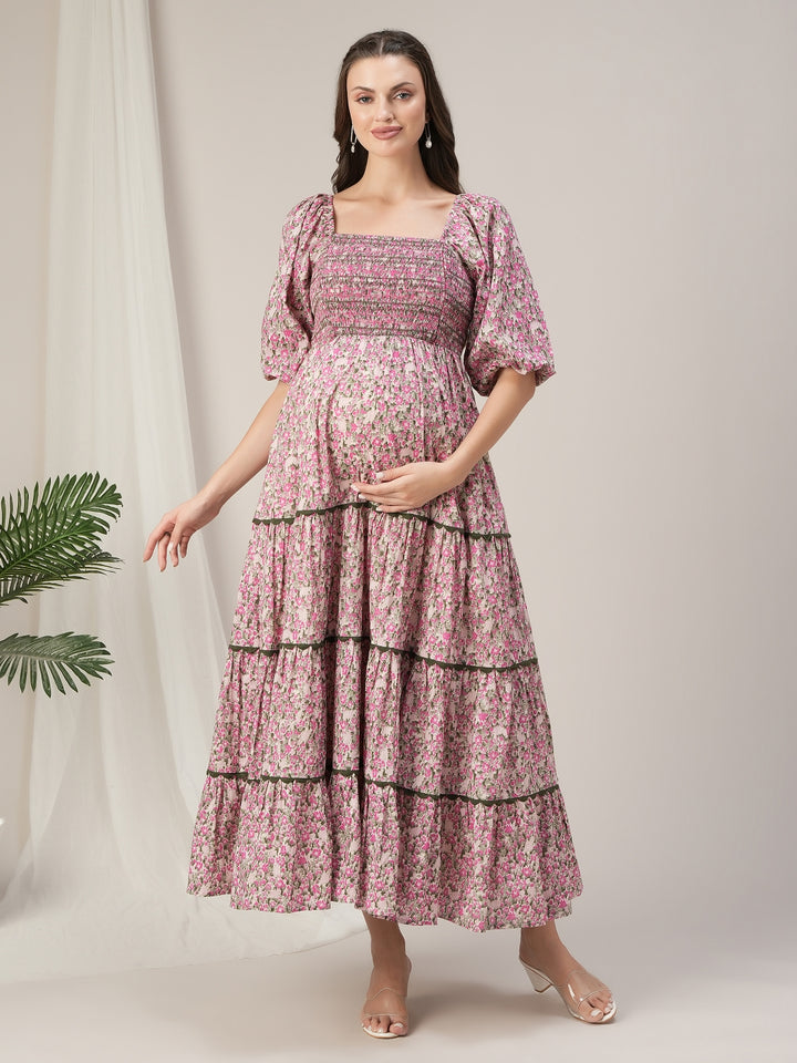 Maternity & Nursing Pink Floral Lace Smocked Maxi Dress