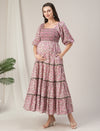 Maternity & Nursing Pink Floral Lace Smocked Maxi Dress