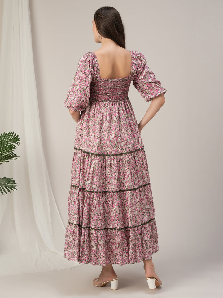 Maternity & Nursing Pink Floral Lace Smocked Maxi Dress