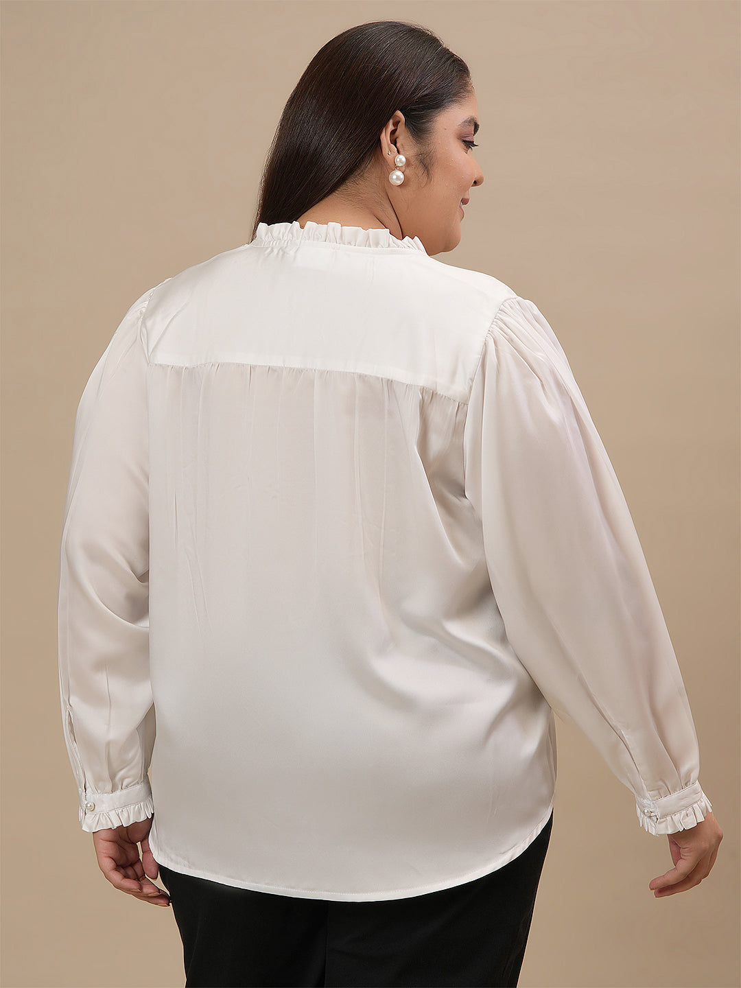 Women Plus Size White Satin V-Neck Formal Shirt
