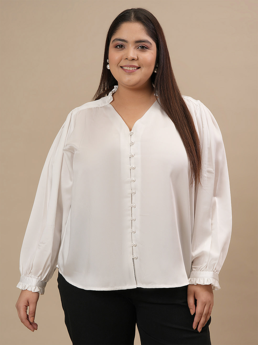 Women Plus Size White Satin V-Neck Formal Shirt
