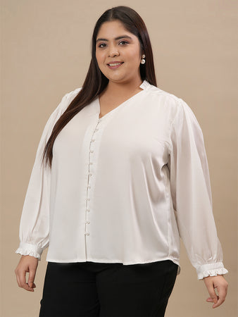 Women Plus Size White Satin V-Neck Formal Shirt