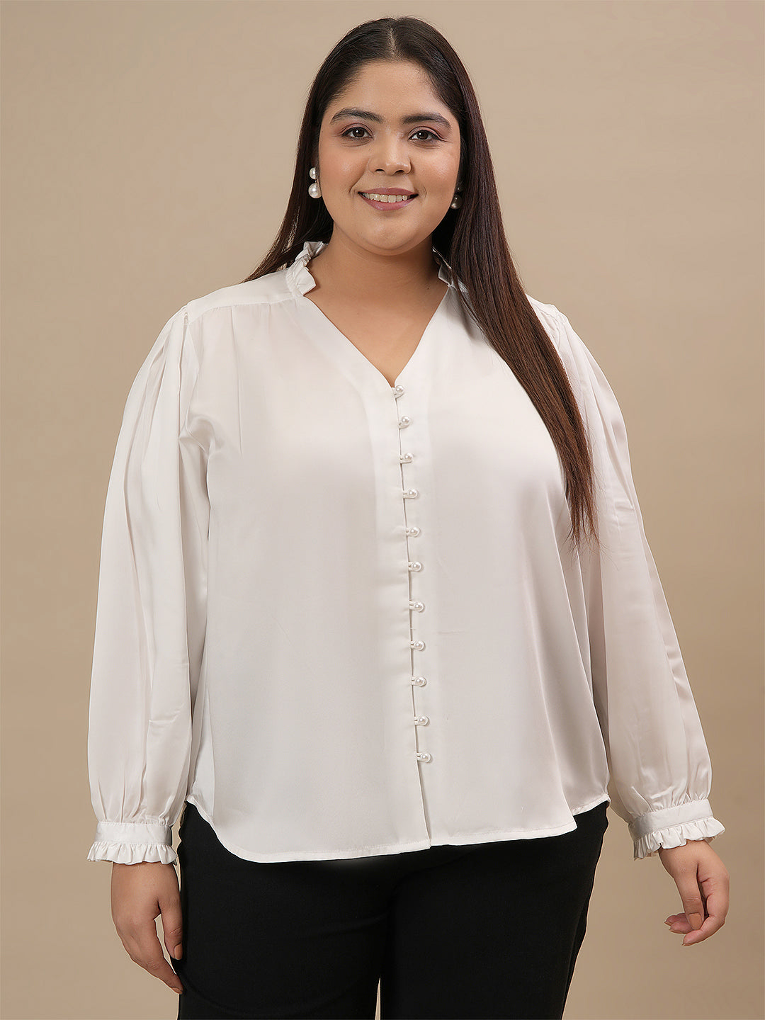 Women Plus Size White Satin V-Neck Formal Shirt