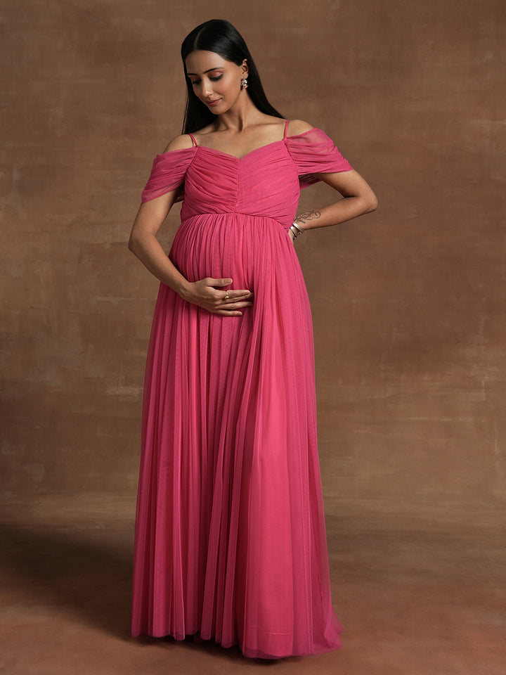 Romantic Tulle Maternity Maxi Dress- Pink