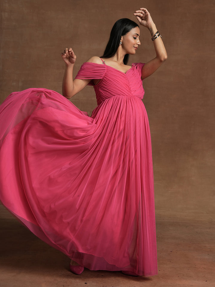 Romantic Tulle Maternity Maxi Dress- Pink