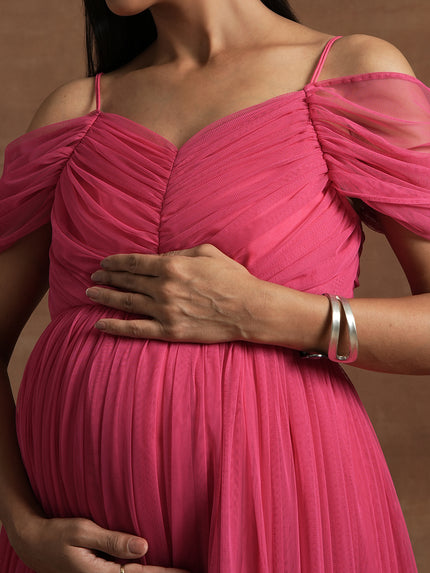 Romantic Tulle Maternity Maxi Dress- Pink