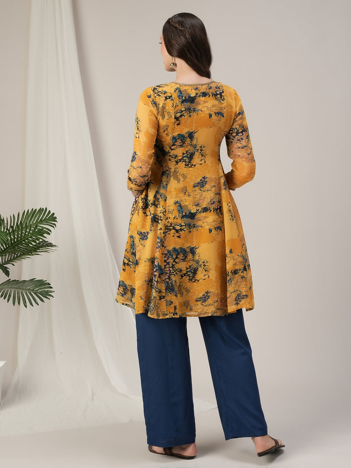 Yellow Georgette Maternity Kurti with Wide-Leg Pants Set