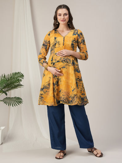 Yellow Georgette Maternity Kurti with Wide-Leg Pants Set