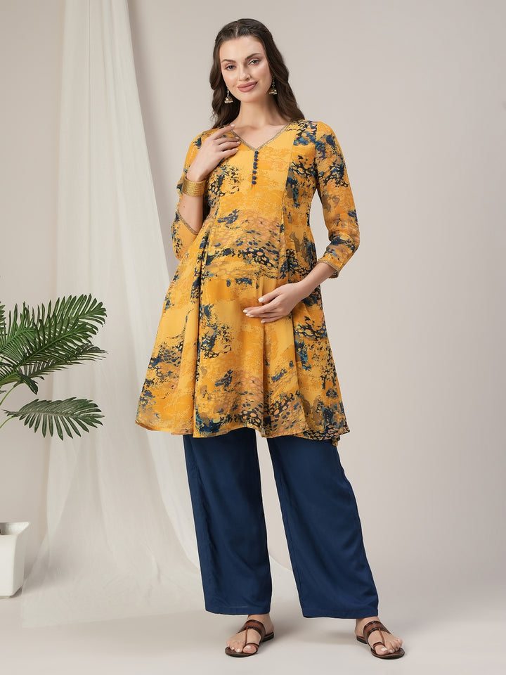 Yellow Georgette Maternity Kurti with Wide-Leg Pants Set