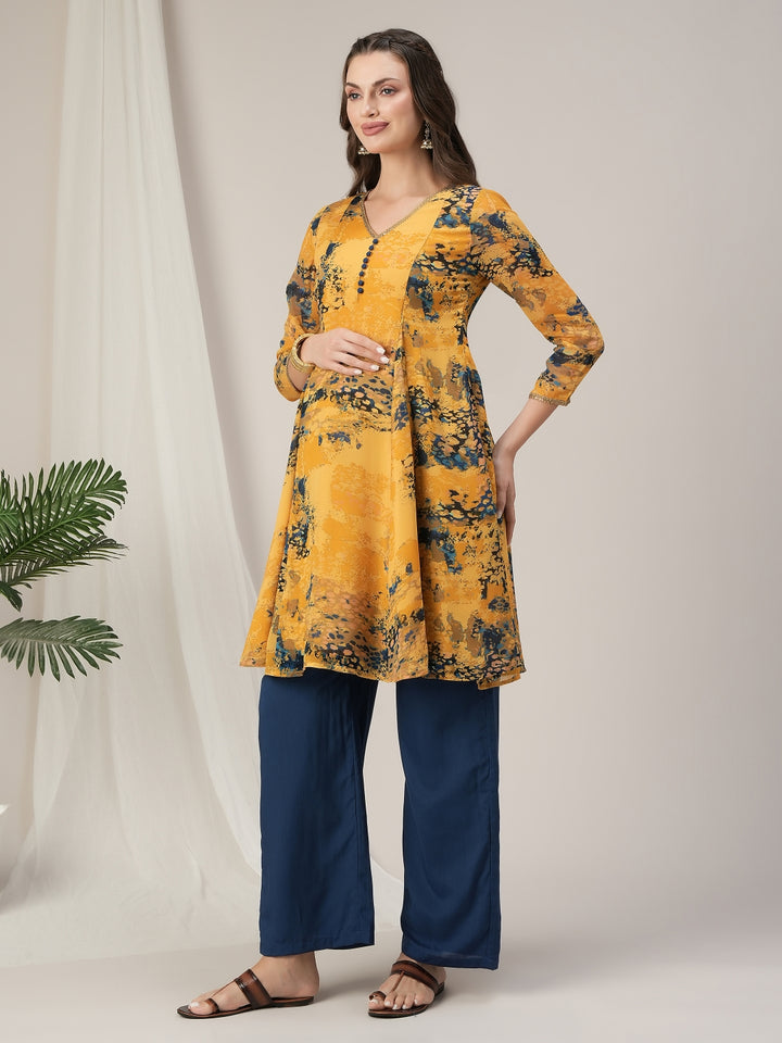 Yellow Georgette Maternity Kurti with Wide-Leg Pants Set