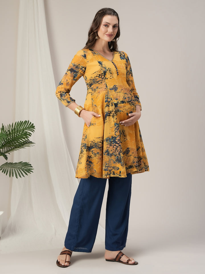Yellow Georgette Maternity Kurti with Wide-Leg Pants Set