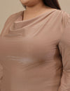 Close-up view of Golden Plus Size Cowl Neck Top showing draped neckline and smooth satin texture