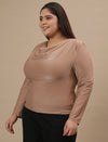 Plus-size woman in front left angle view wearing Golden Plus Size Cowl Neck Top with draped neckline and satin sheen
