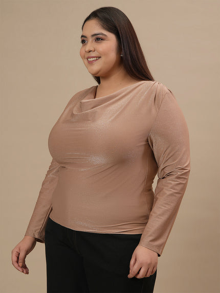 Plus-size woman in front left angle view wearing Golden Plus Size Cowl Neck Top with draped neckline and satin sheen