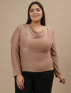 Plus-size woman in front view smiling while wearing Golden Plus Size Cowl Neck Top with draped neckline and shiny finish