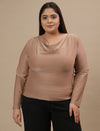 Plus-size woman in front view wearing Golden Plus Size Cowl Neck Top with cowl neckline and glossy satin finish