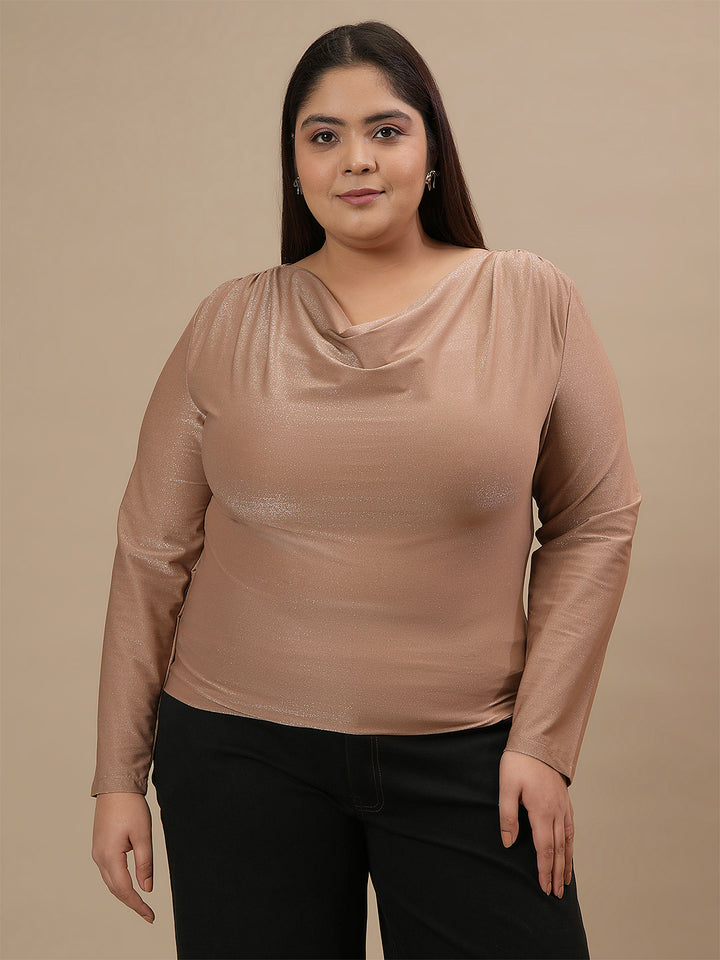 Plus-size woman in front view wearing Golden Plus Size Cowl Neck Top with cowl neckline and glossy satin finish