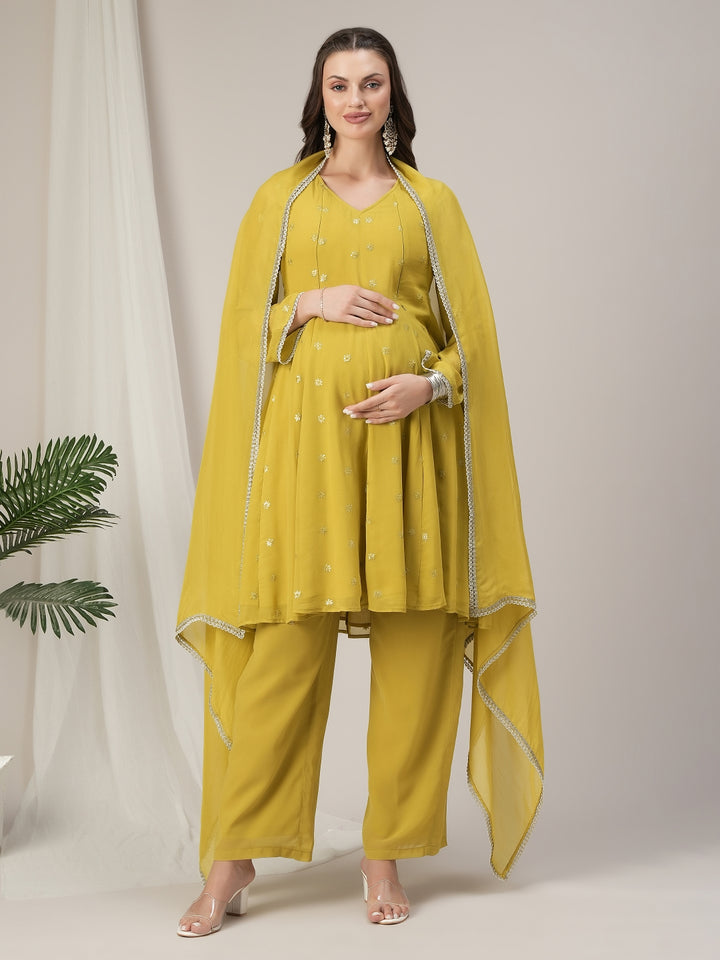 Green Embroidered Maternity Kalidaar Kurta Set with Dupatta