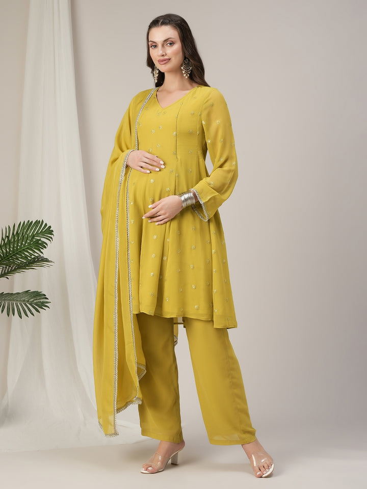 Green Embroidered Maternity Kalidaar Kurta Set with Dupatta