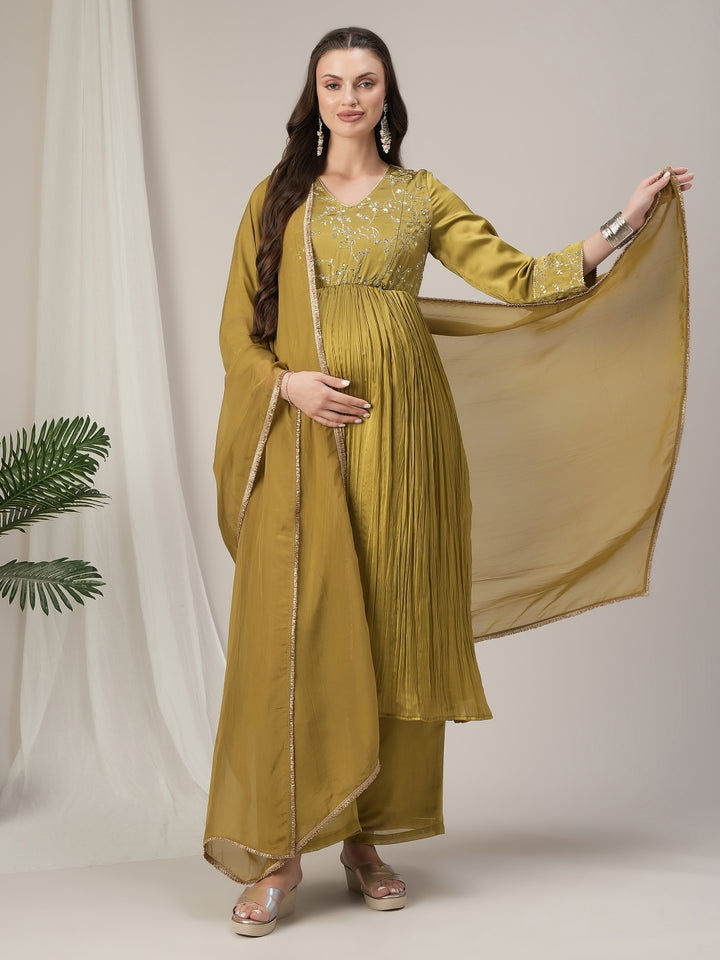 Green Embroidered Maternity & Nursing Kurta Set with Dupatta