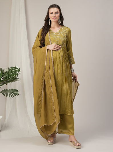 Green Embroidered Maternity & Nursing Kurta Set with Dupatta