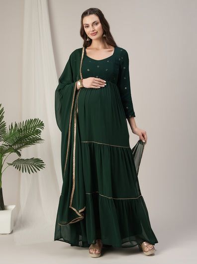 Dark Green Tiered Maternity & Nursing Anarkali Gown with Dupatta