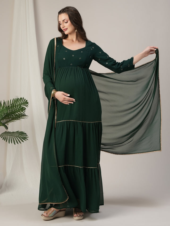 Dark Green Tiered Maternity & Nursing Anarkali Gown with Dupatta