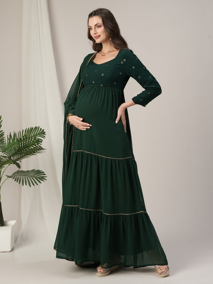 Dark Green Tiered Maternity & Nursing Anarkali Gown with Dupatta