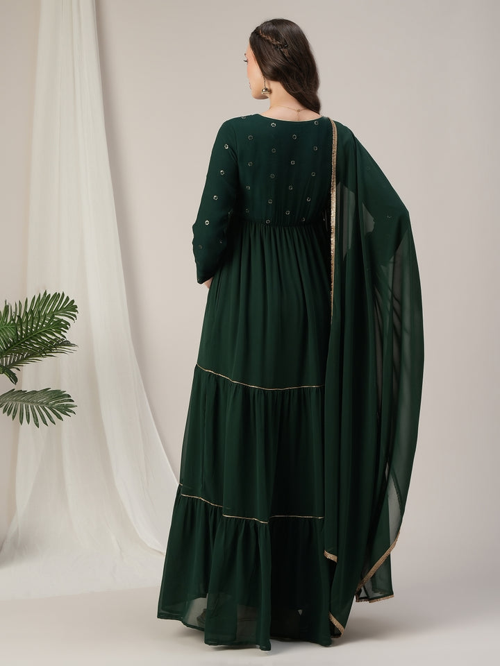 Dark Green Tiered Maternity & Nursing Anarkali Gown with Dupatta