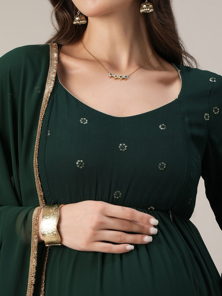 Dark Green Tiered Maternity & Nursing Anarkali Gown with Dupatta